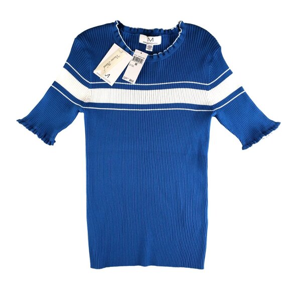 Magaschoni Blue White Stretchy Rib Knit Top Med Ruffle Edge Neck & Sleeves NWT - Picture 1 of 8